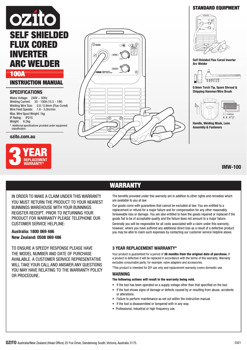 Page 1 de la notice Manuel utilisateur Ozito IMW-100