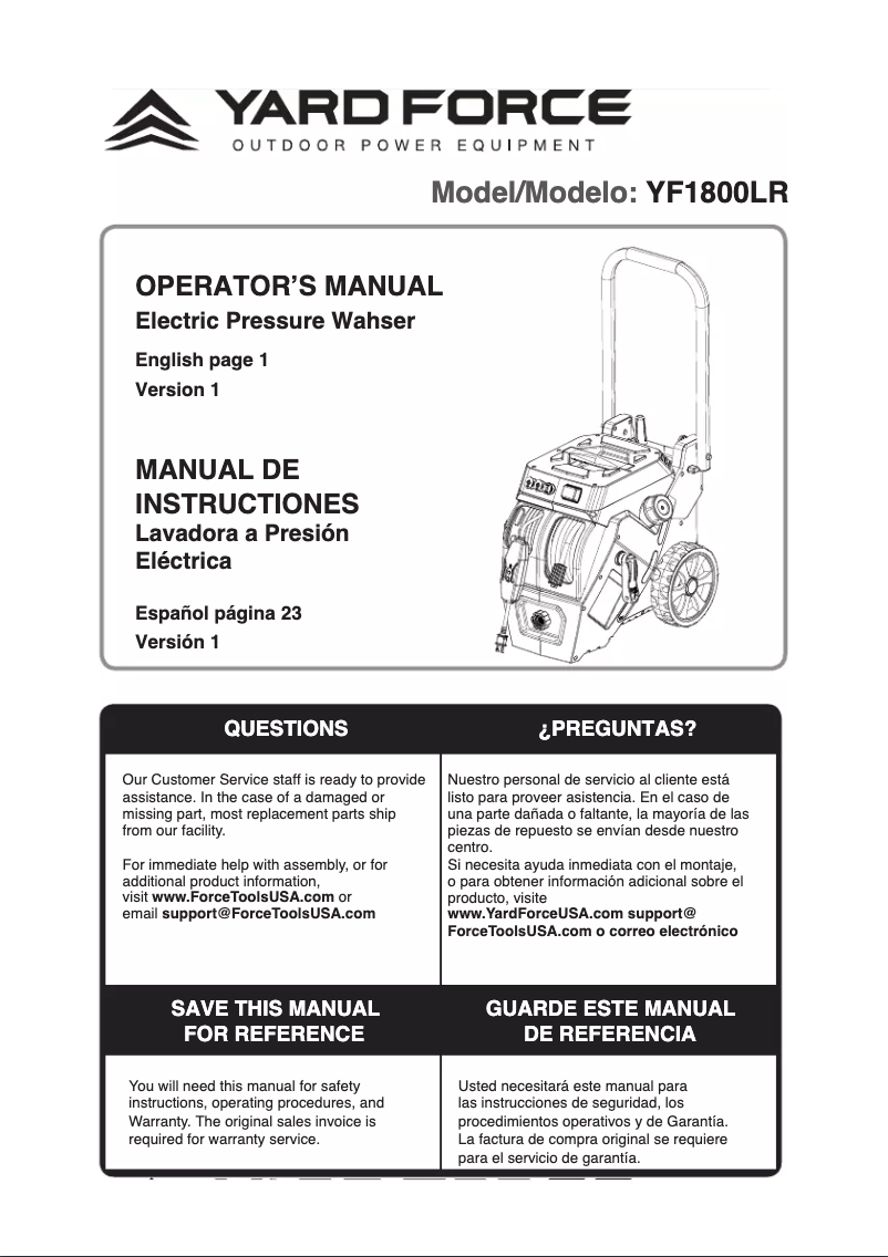 Page 1 de la notice Manuel utilisateur Yard Force YF1800LR