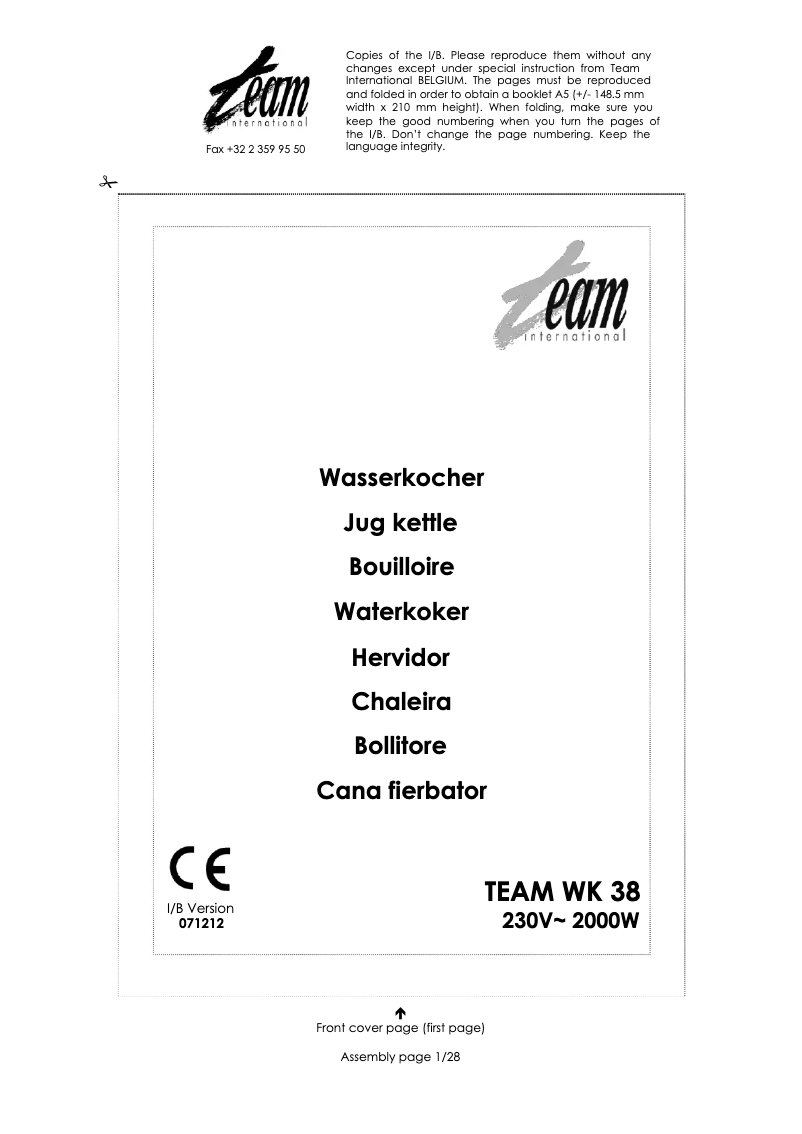 Page 1 de la notice Manuel utilisateur Team WK 38