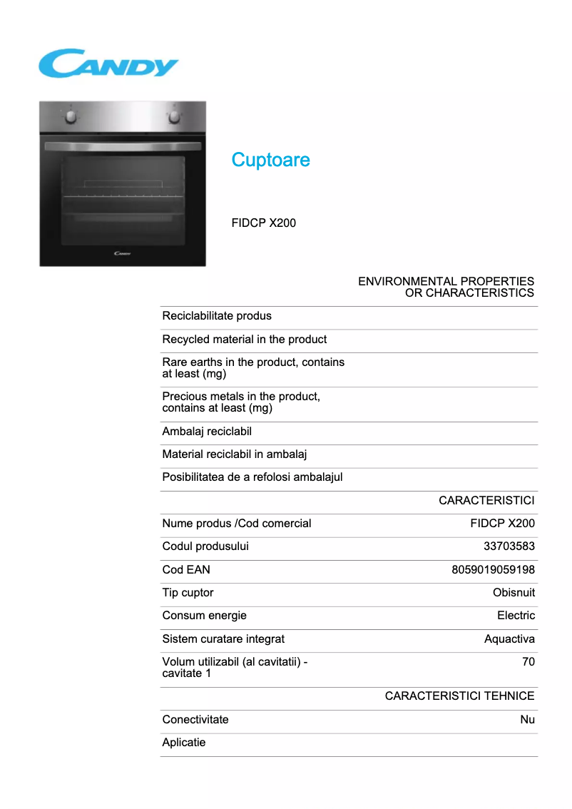 Page 1 of the manual Technical Sheet Candy FIDCP X200