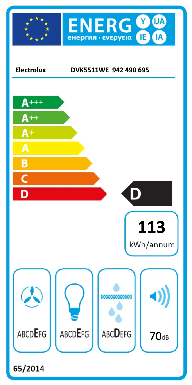 Page 1 de la notice Label énergétique Electrolux DVK5511WE