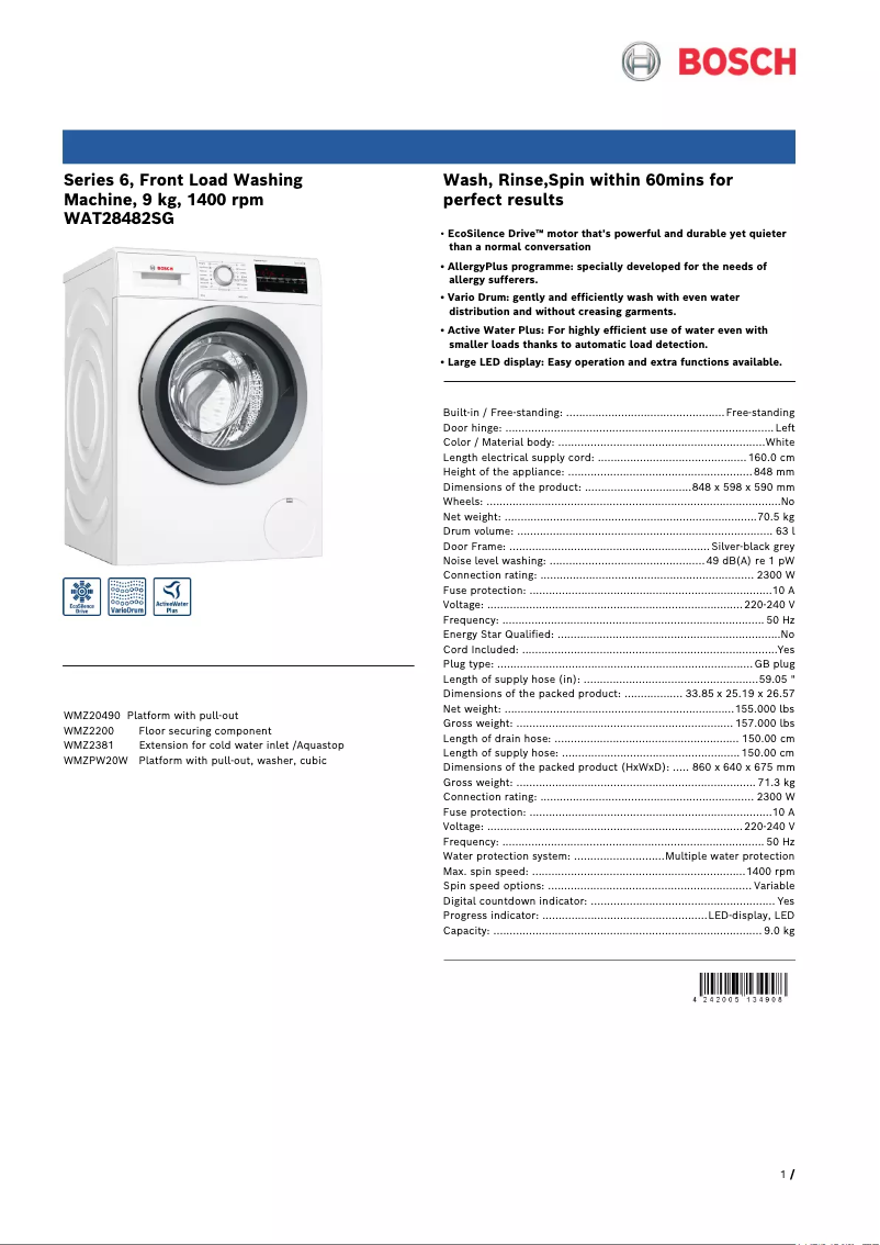 Page 1 de la notice Fiche technique Bosch WAT28482SG
