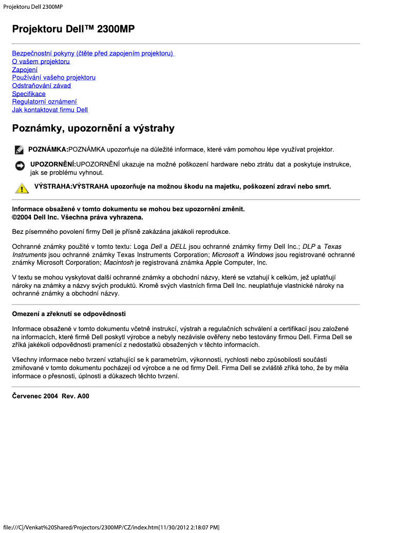 Page 1 of the manual User Manual Dell 2300MP