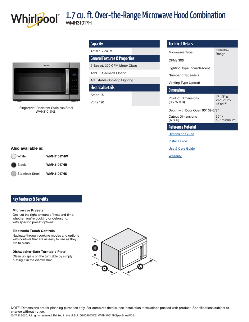 Página 1 del manual Ficha técnica Whirlpool WMH31017HZ