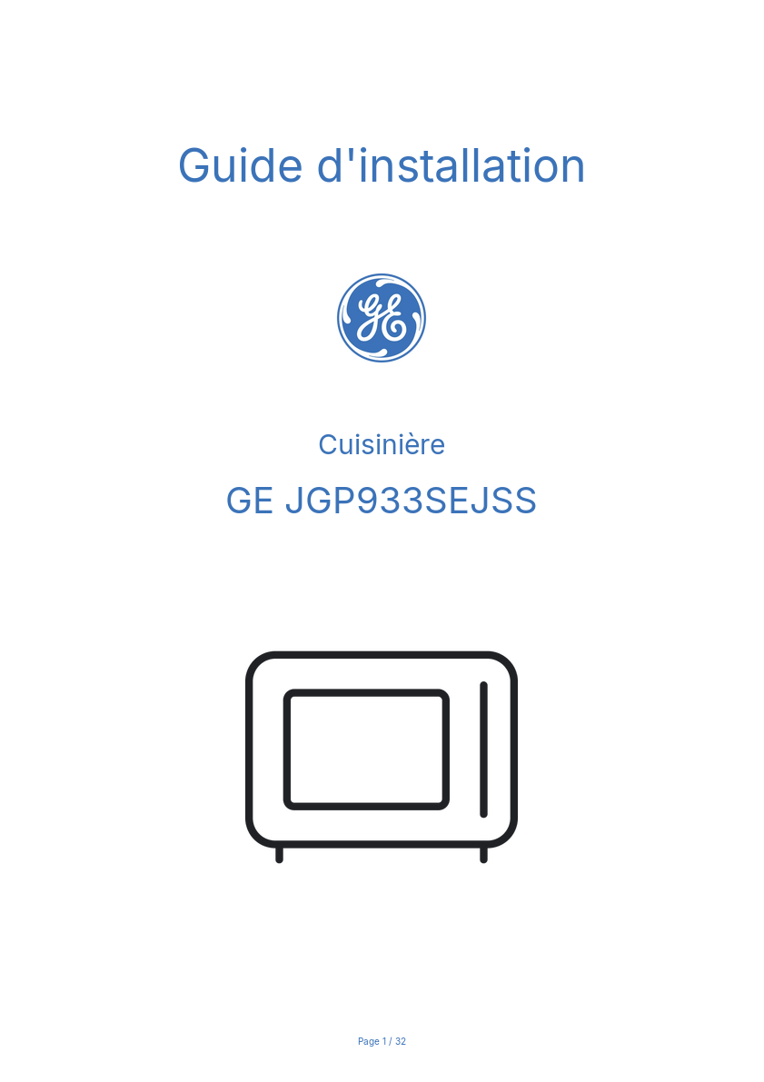 Page 1 de la notice Guide d'installation GE JGP933SEJSS