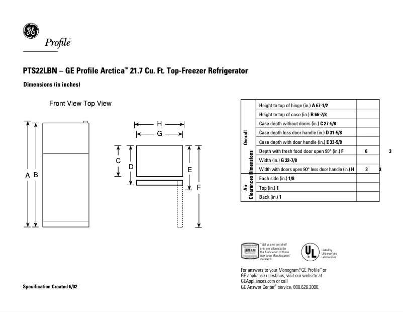 Page n°1 - Fiche technique GE PTS22LBNWW