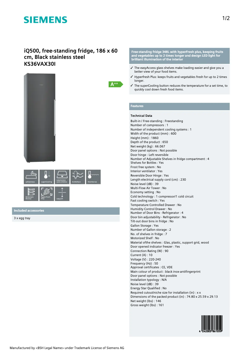 Page 1 de la notice Fiche technique Siemens KS36VAX30I