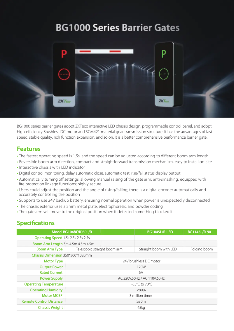 Page 1 de la notice Fiche technique ZKTeco BG1000