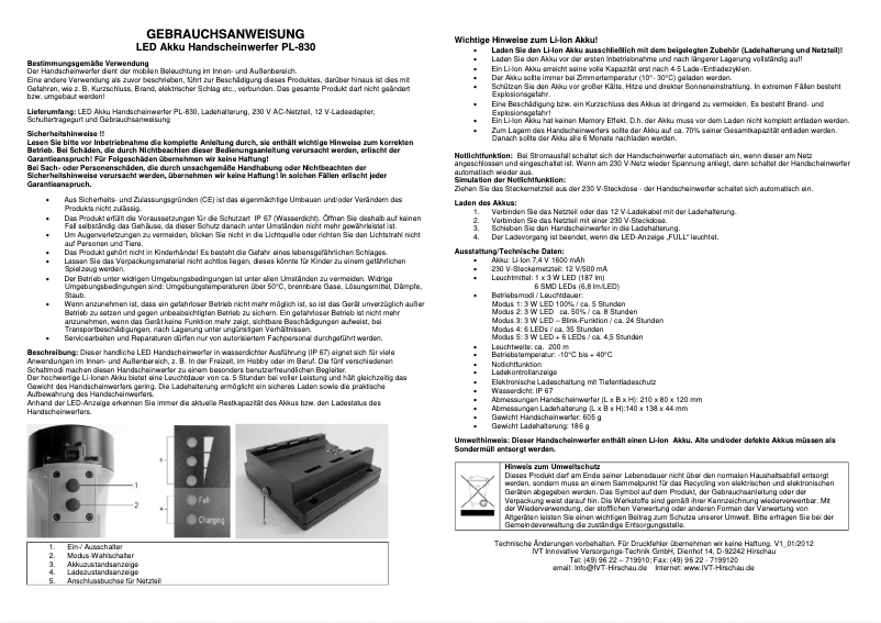 Page 1 de la notice Manuel utilisateur IVT PL-830-3W