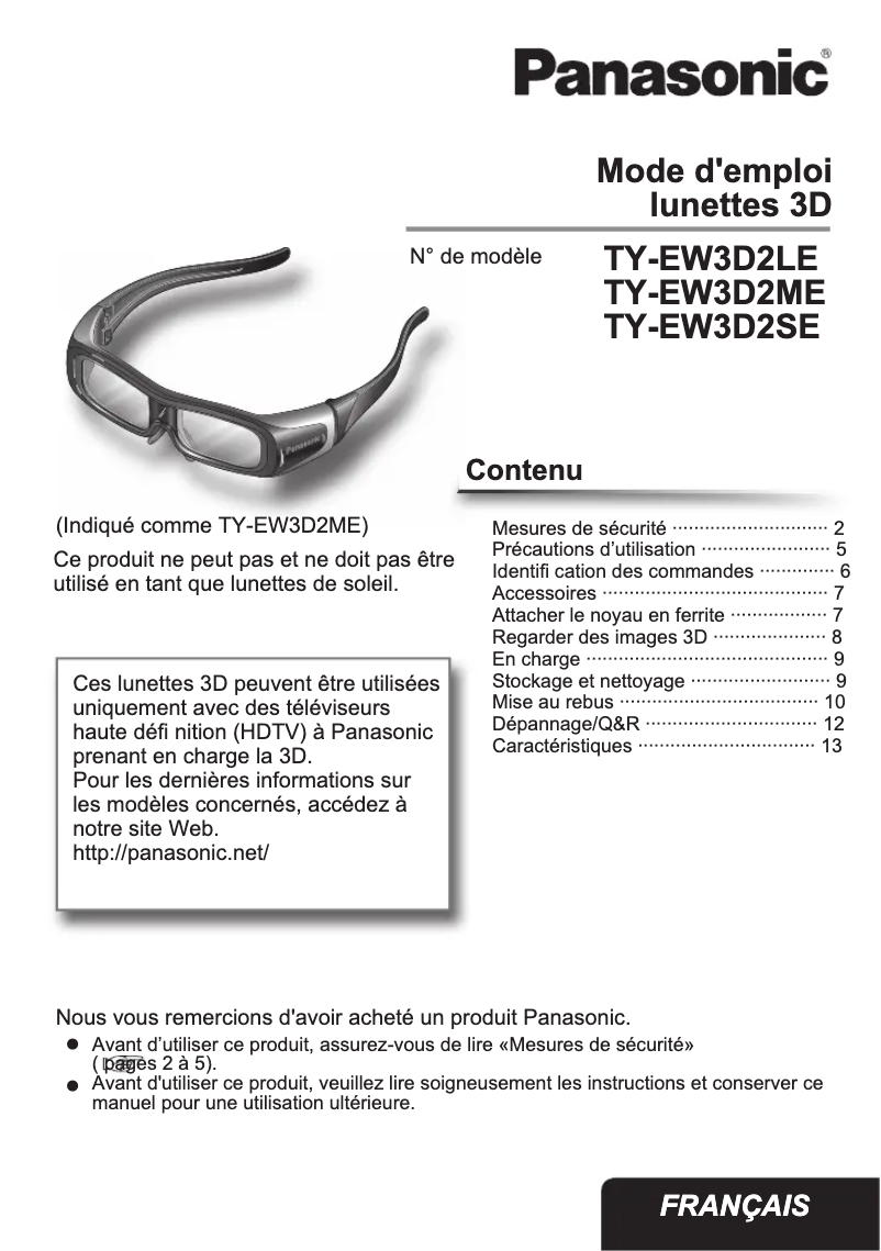 Page 1 de la notice Manuel utilisateur Panasonic TY-EW3D2SE