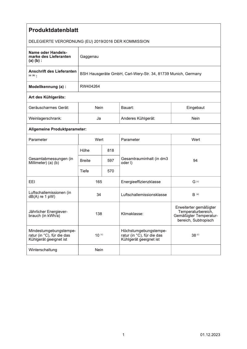 Página 1 del manual Ficha técnica Gaggenau RW 404