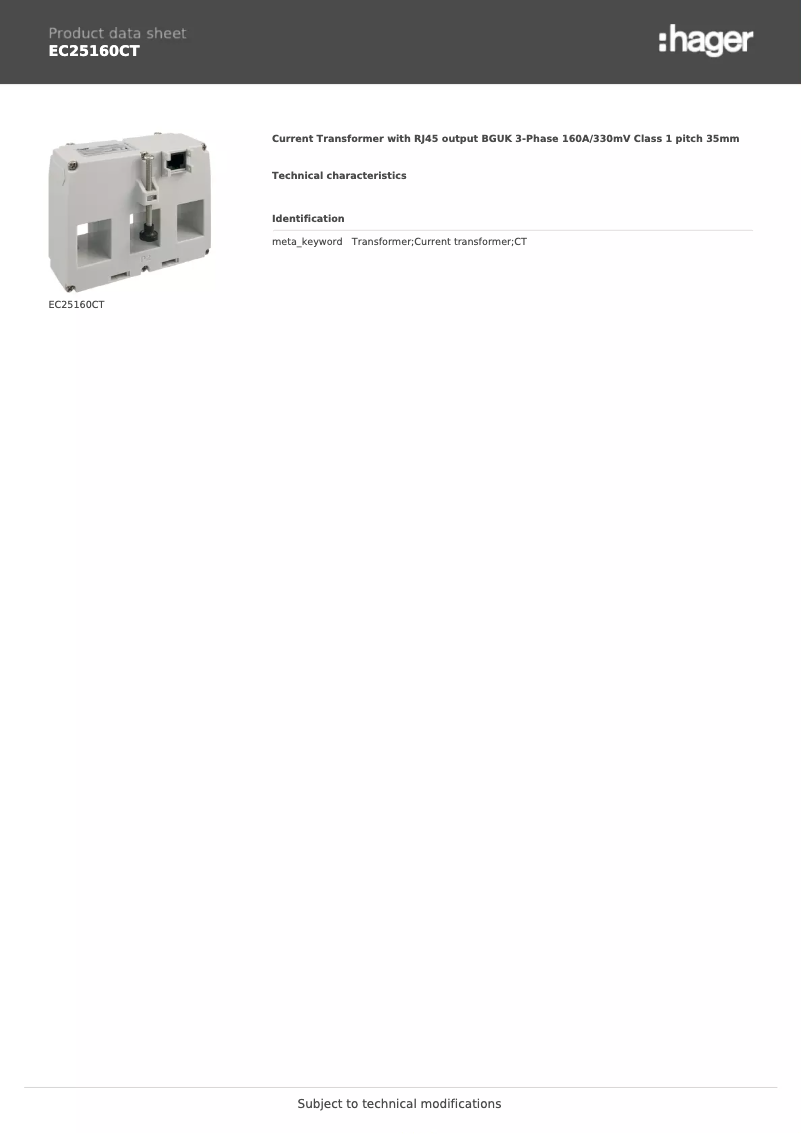 Página 1 del manual Ficha técnica Hager EC25160CT