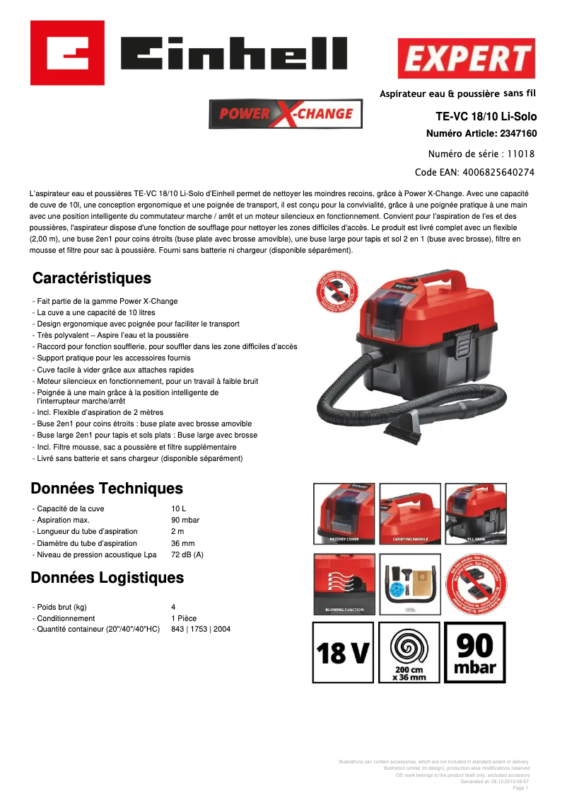 Página 1 del manual Ficha técnica Einhell TE-VC 18/10 Li Solo