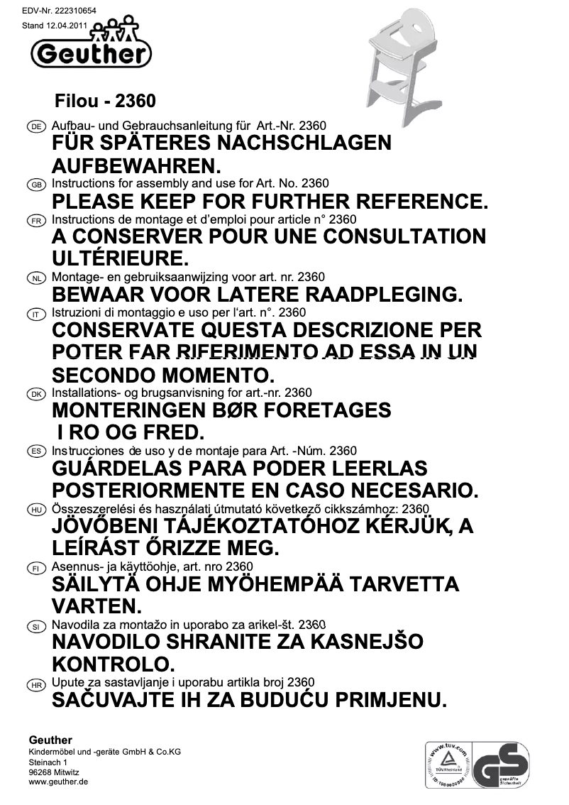 Page 1 de la notice Manuel utilisateur Geuther Filou