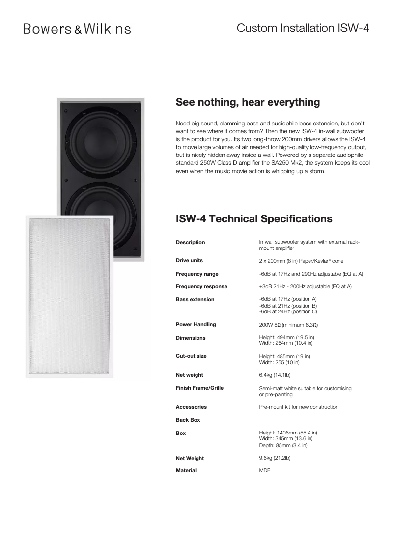 Page 1 de la notice Fiche technique Bowers & Wilkins ISW-4