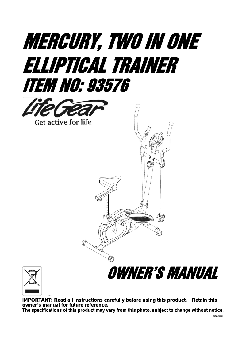 Página 1 del manual Manual de usuario Life Gear Mercury 2 in 1 Elliptical Trainer 93576