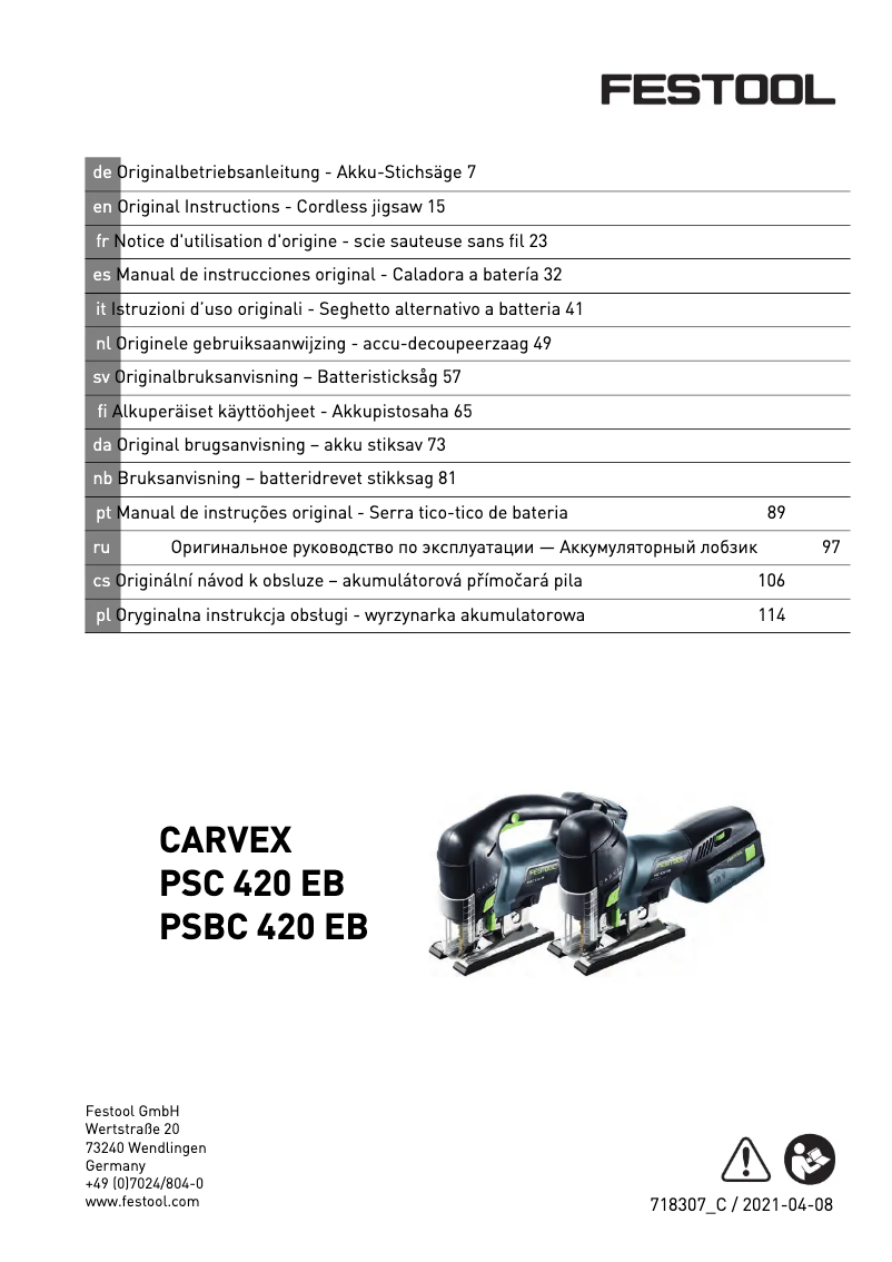 Page 1 de la notice Manuel utilisateur Festool PSC 420 EB-Basic-4,0