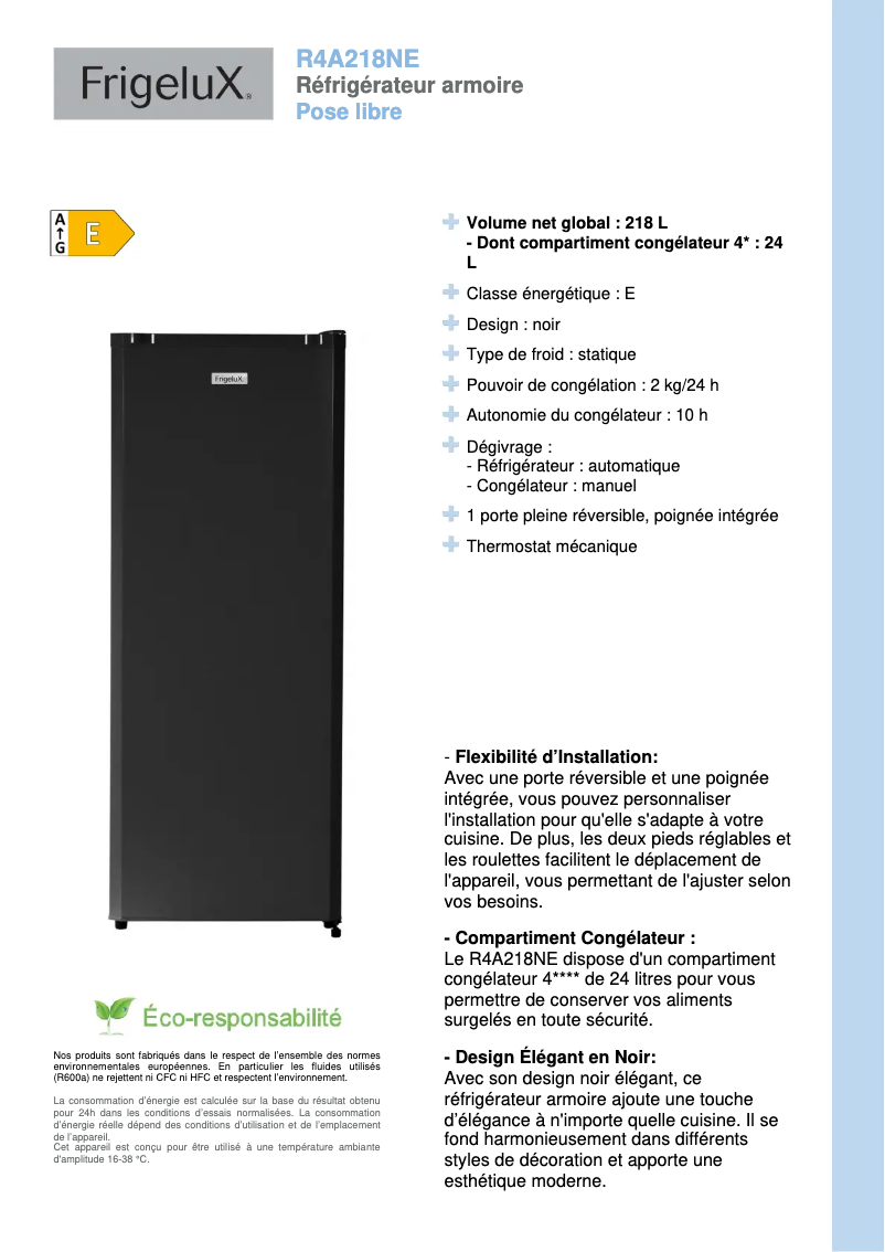 Página 1 del manual Ficha técnica FrigeluX R4A218NE