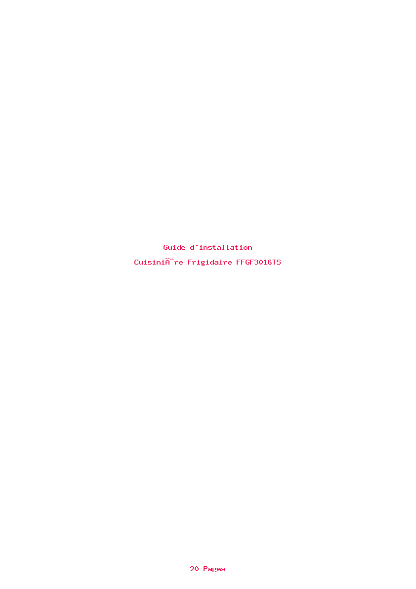 Page 1 de la notice Guide d'installation Frigidaire FFGF3016TS