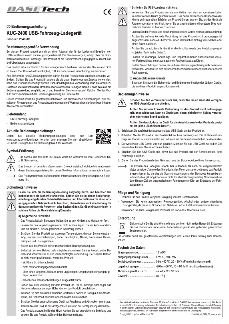 Page 1 de la notice Manuel utilisateur BaseTech KUC-2400
