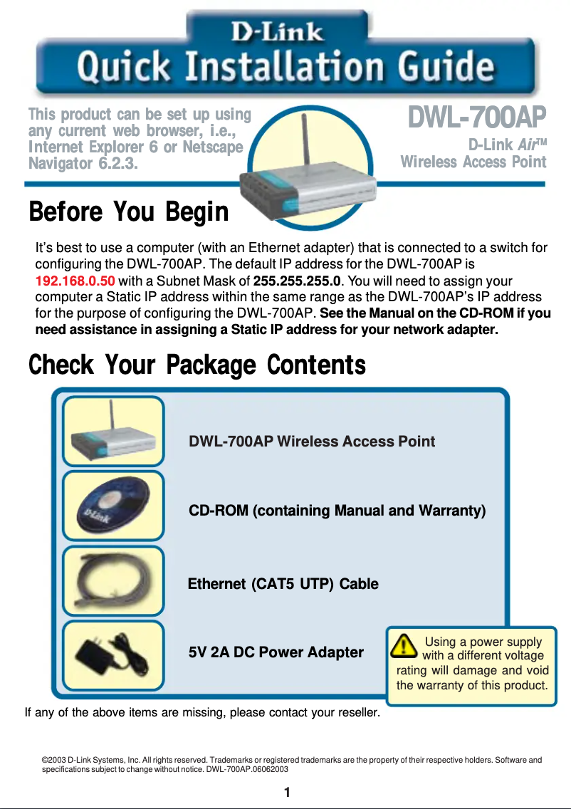 Page 1 de la notice Guide de démarrage rapide D-Link DWL-700AP