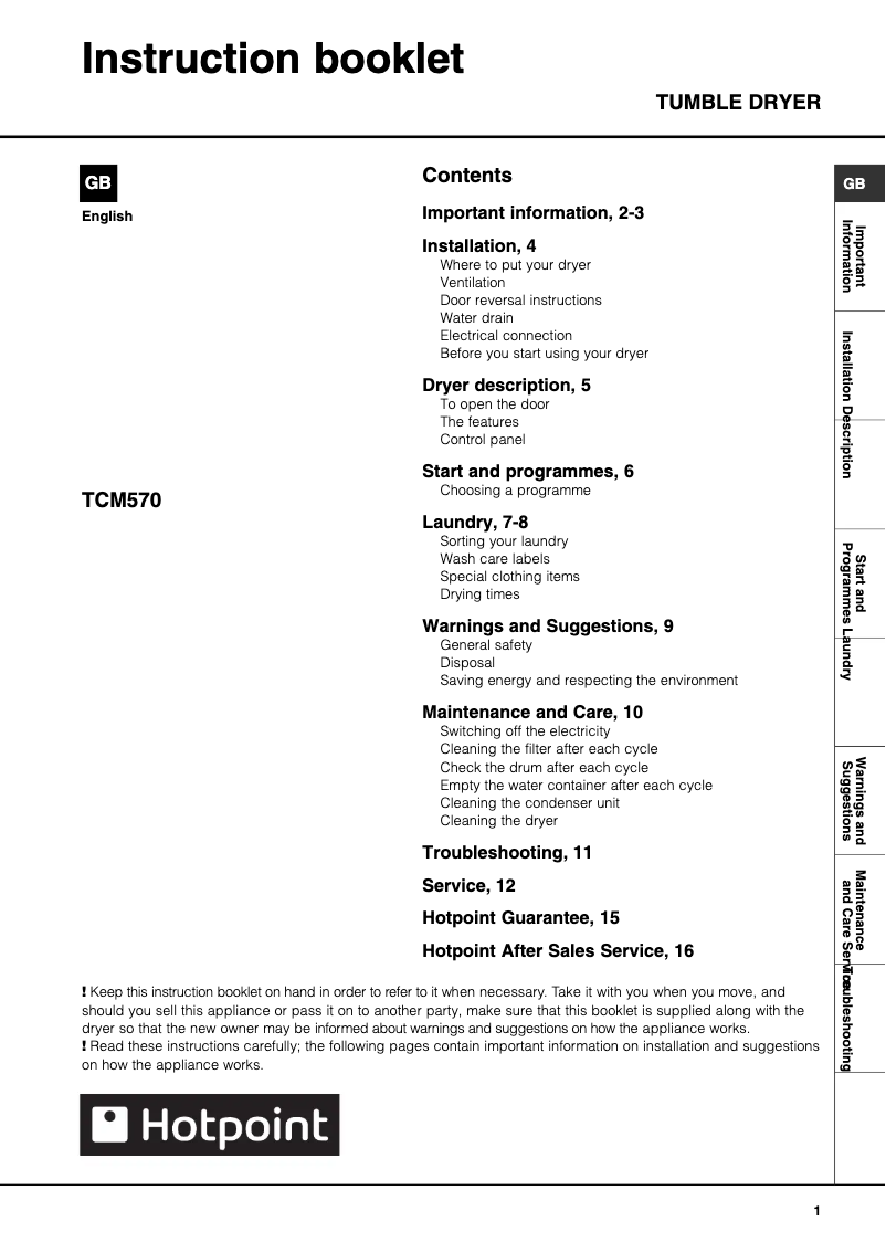 Página 1 del manual Manual de usuario Hotpoint TCM570G