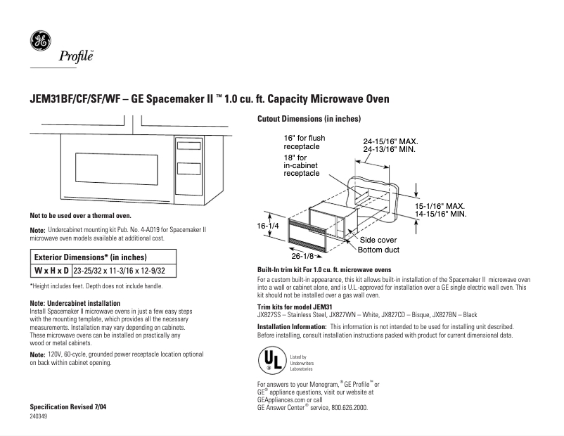 Page 1 of the manual Technical Sheet GE JEM31BF