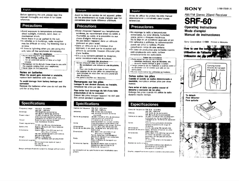 Page 1 de la notice Manuel utilisateur Sony SRF-60