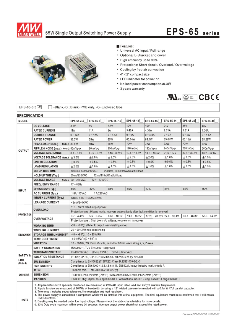 Page 1 de la notice Mode d'emploi Mean Well EPS-65-24
