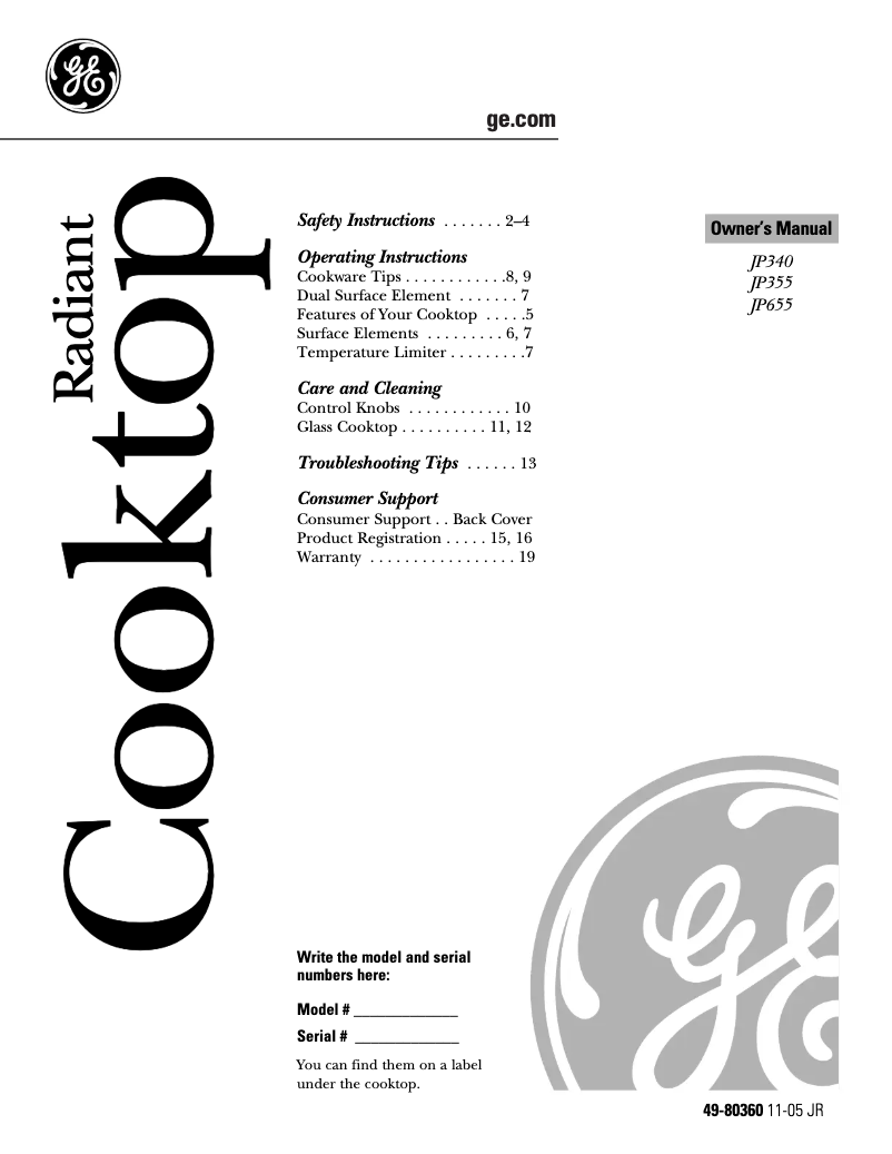 Page n°1 - Manuel d'utilisation et d'entretien GE JP355SKSS