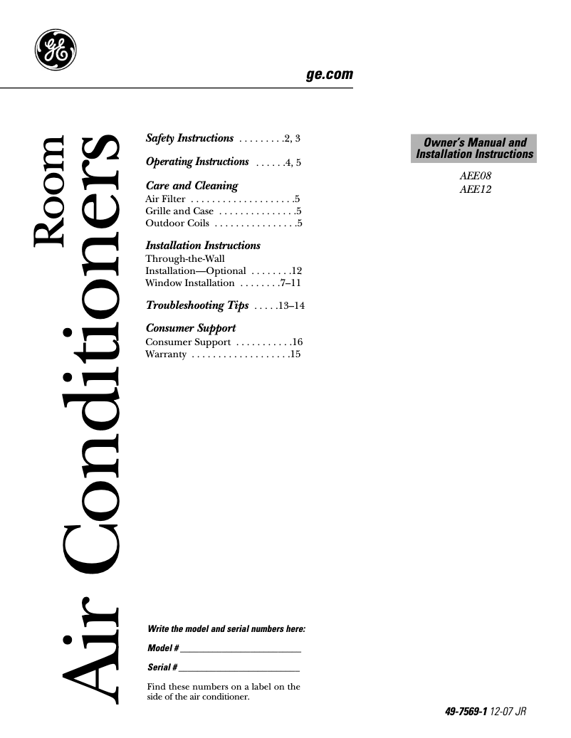 Página 1 del manual Guía de instalación GE AEE12DK