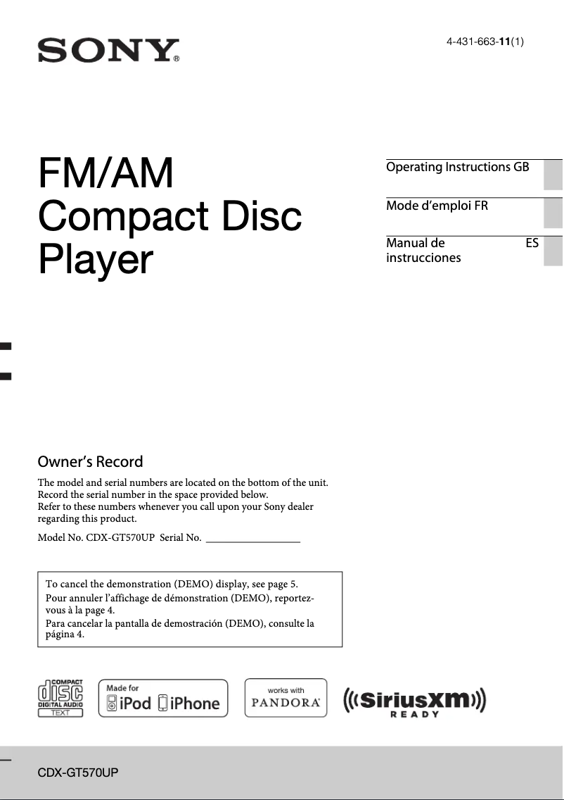 Page 1 de la notice Manuel utilisateur Sony CDX-GT570UP