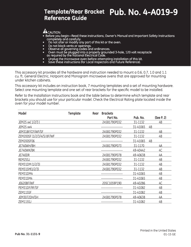 Page 1 de la notice Guide d'installation GE JE740DRBB