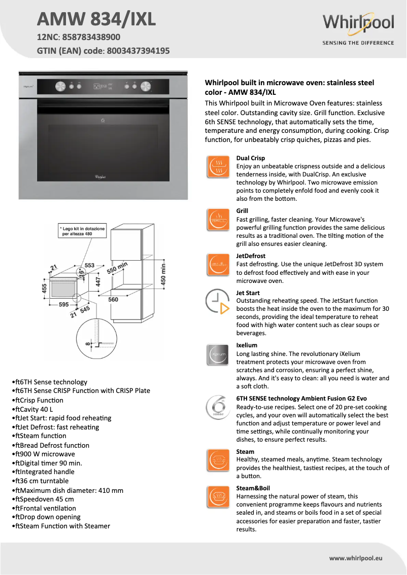 Page 1 de la notice Fiche technique Whirlpool AMW 834 IXL