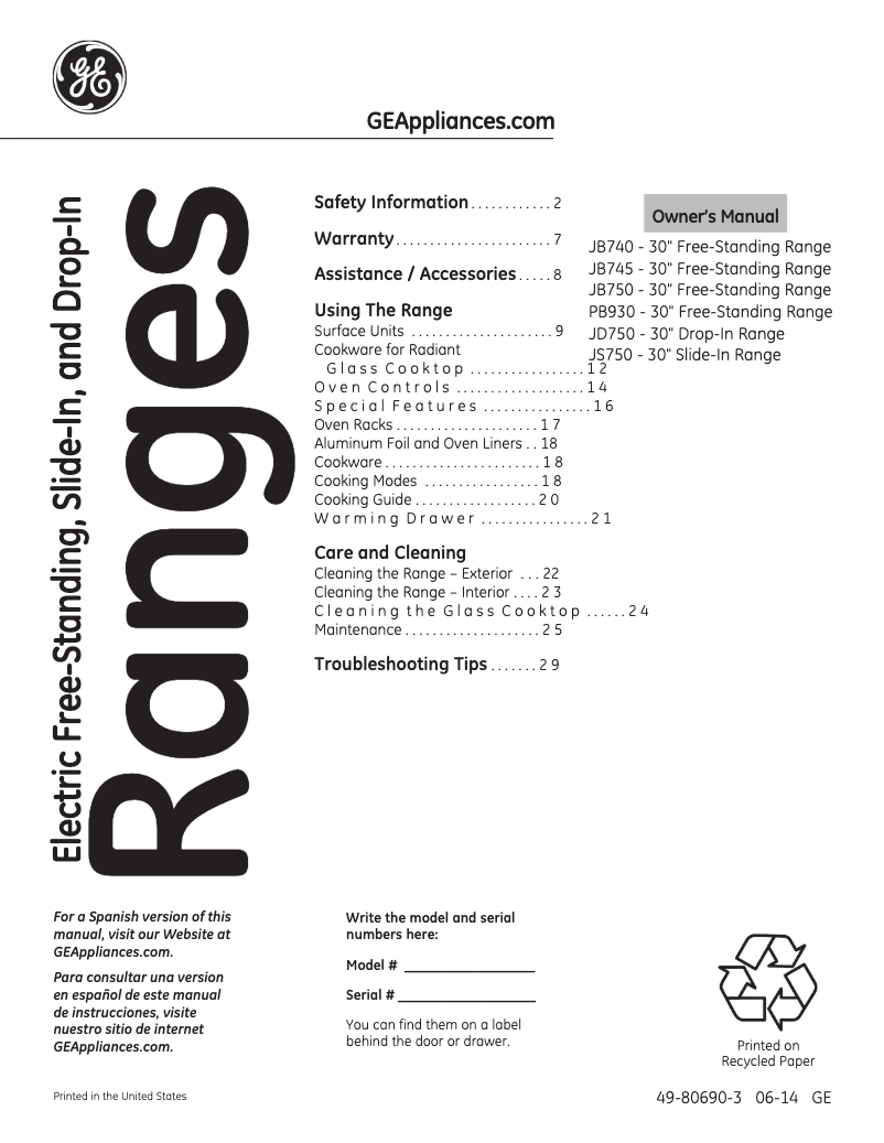 Page 1 de la notice Mode d'emploi GE JB740DFBB