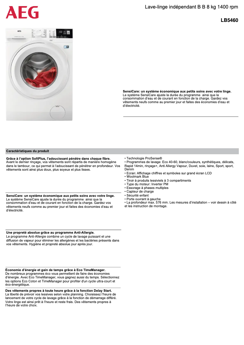 Page 1 de la notice Fiche technique AEG LB5460