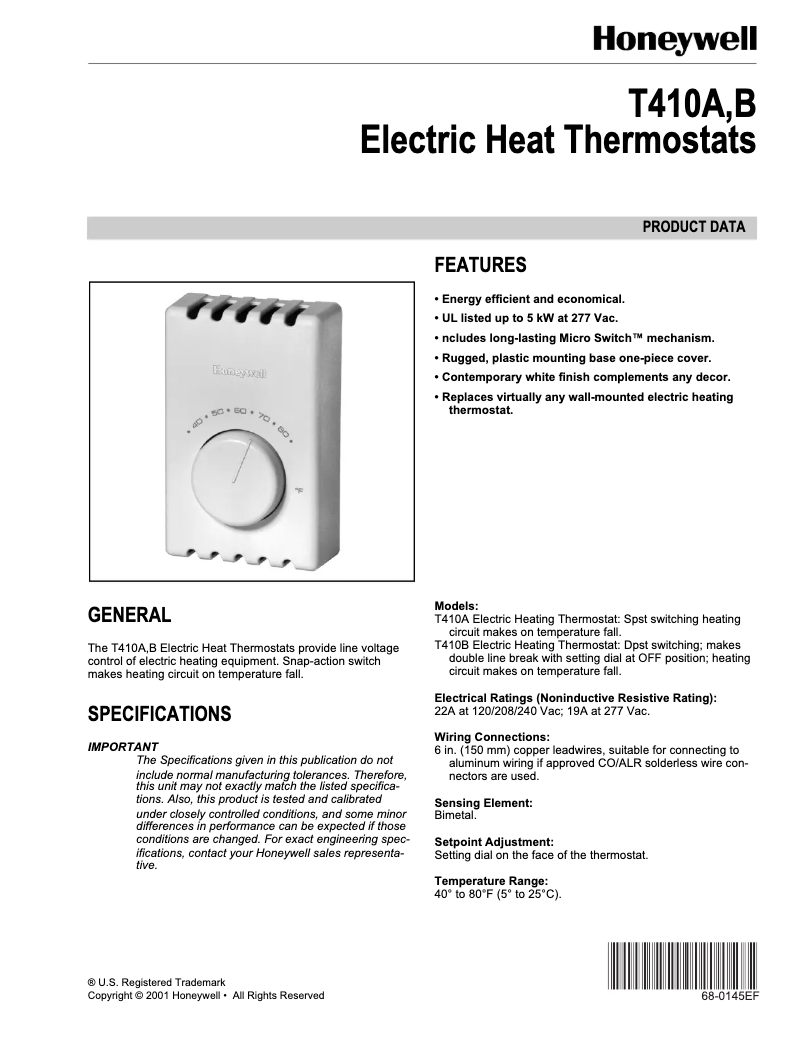 Page 1 de la notice Fiche technique Honeywell T410A