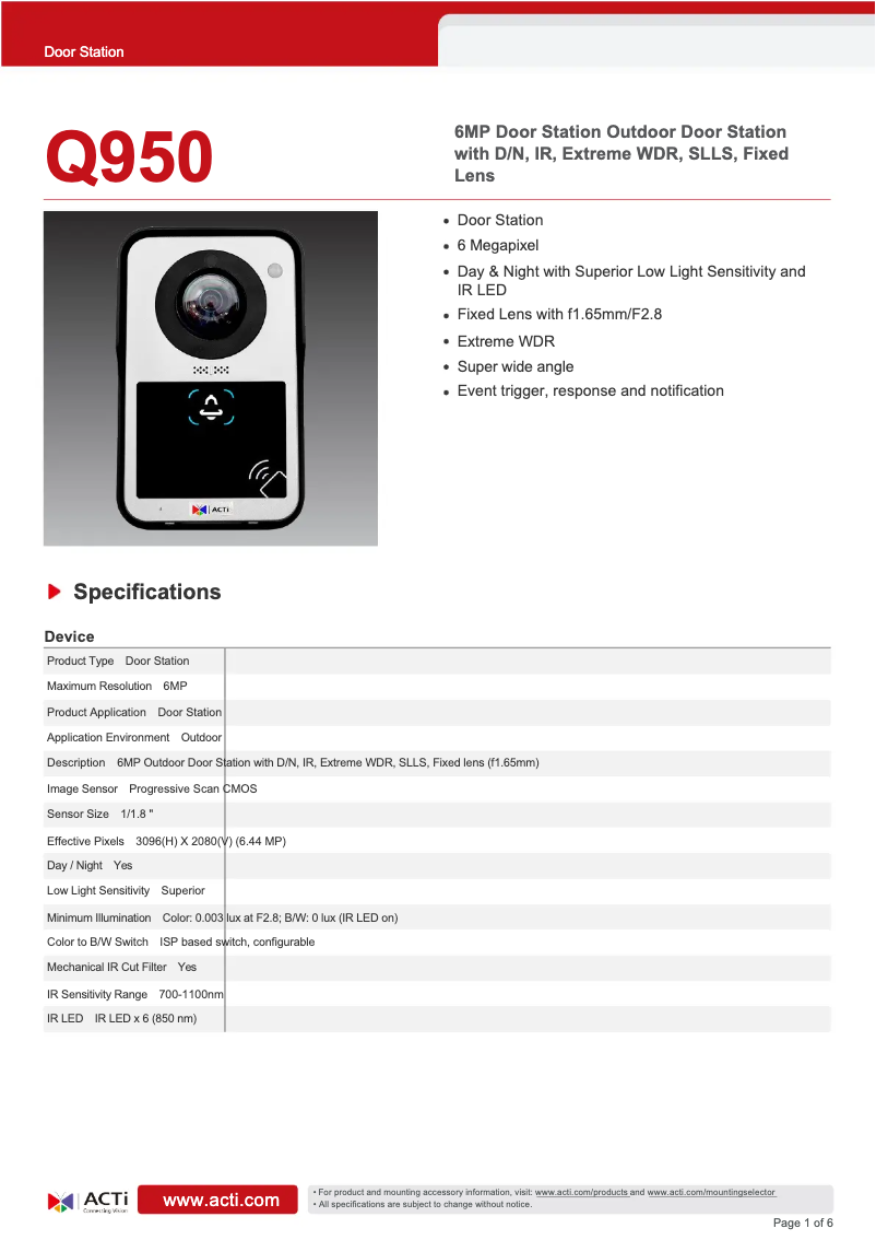 Page 1 de la notice Fiche technique ACTi Q950