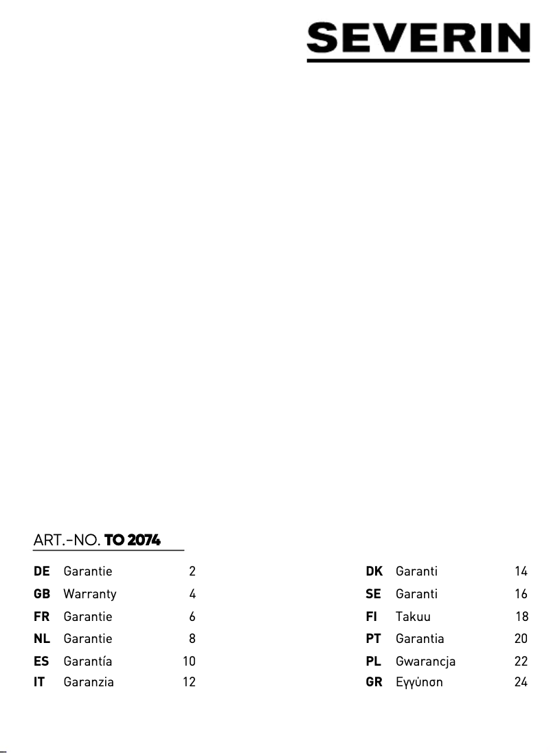 Page 1 de la notice Informations de garantie Severin TO 2074