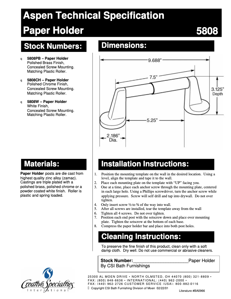 Page 1 de la notice Manuel utilisateur Moen Aspen 5808CH