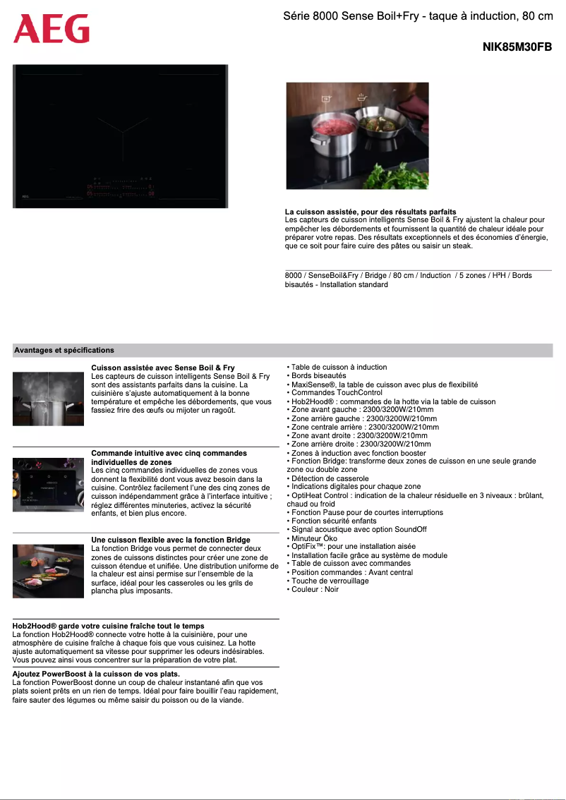 Page 1 de la notice Fiche technique AEG NIK85M30FB