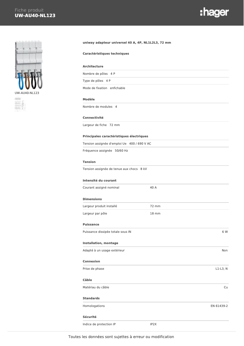 Page 1 of the manual User Manual Hager UW-AU40-NL123