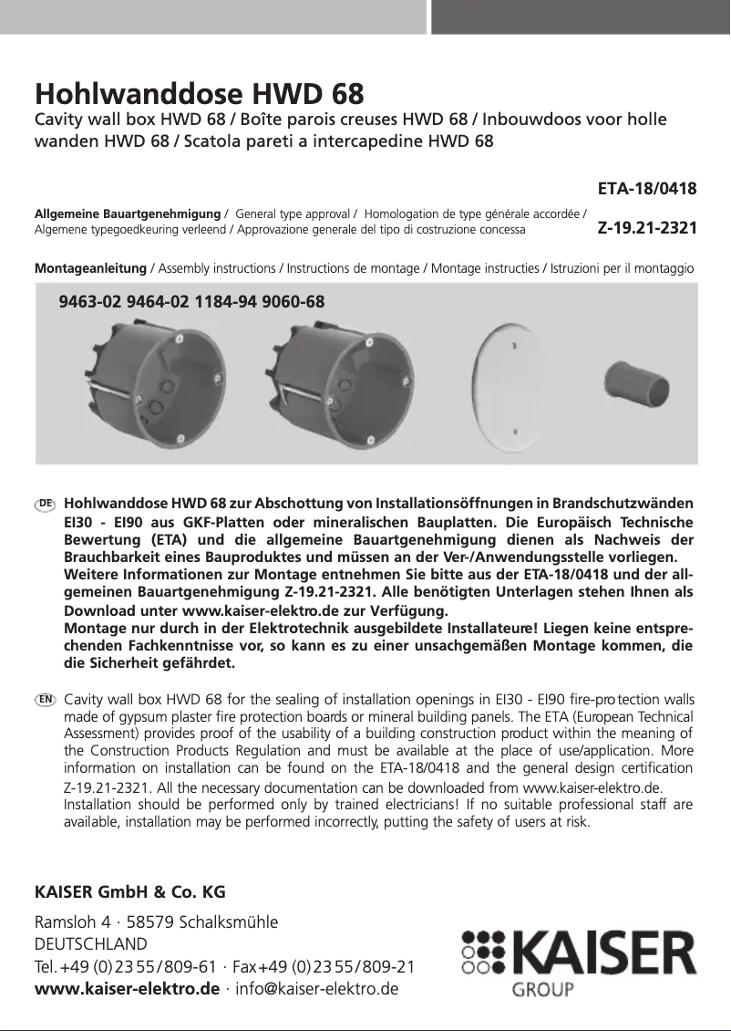 Page 1 de la notice Manuel utilisateur Kaiser HWD 68