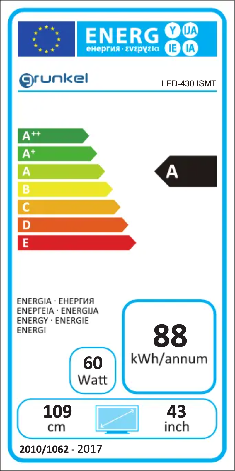Page 1 de la notice Label énergétique Grunkel LED-430 ISMT