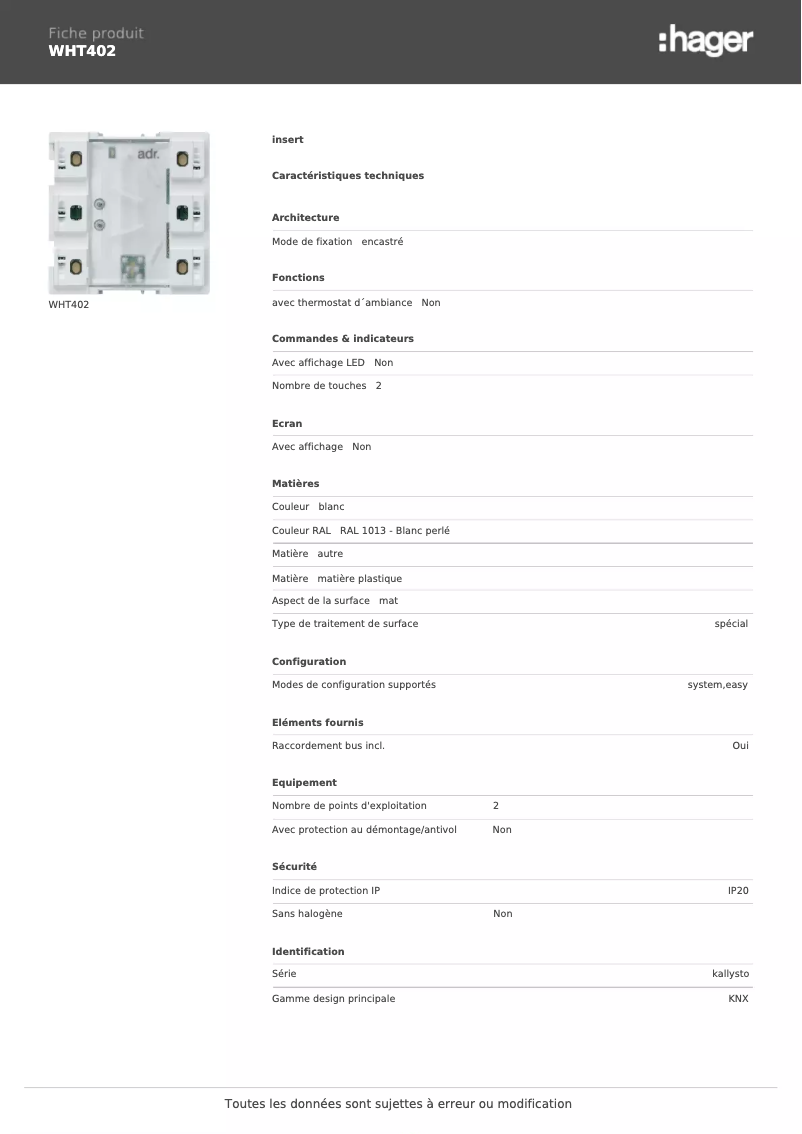 Page 1 de la notice Fiche technique Hager WHT402