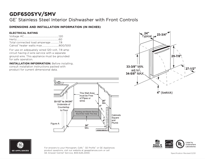 Page 1 of the manual Technical Sheet GE GDF650SYVFS