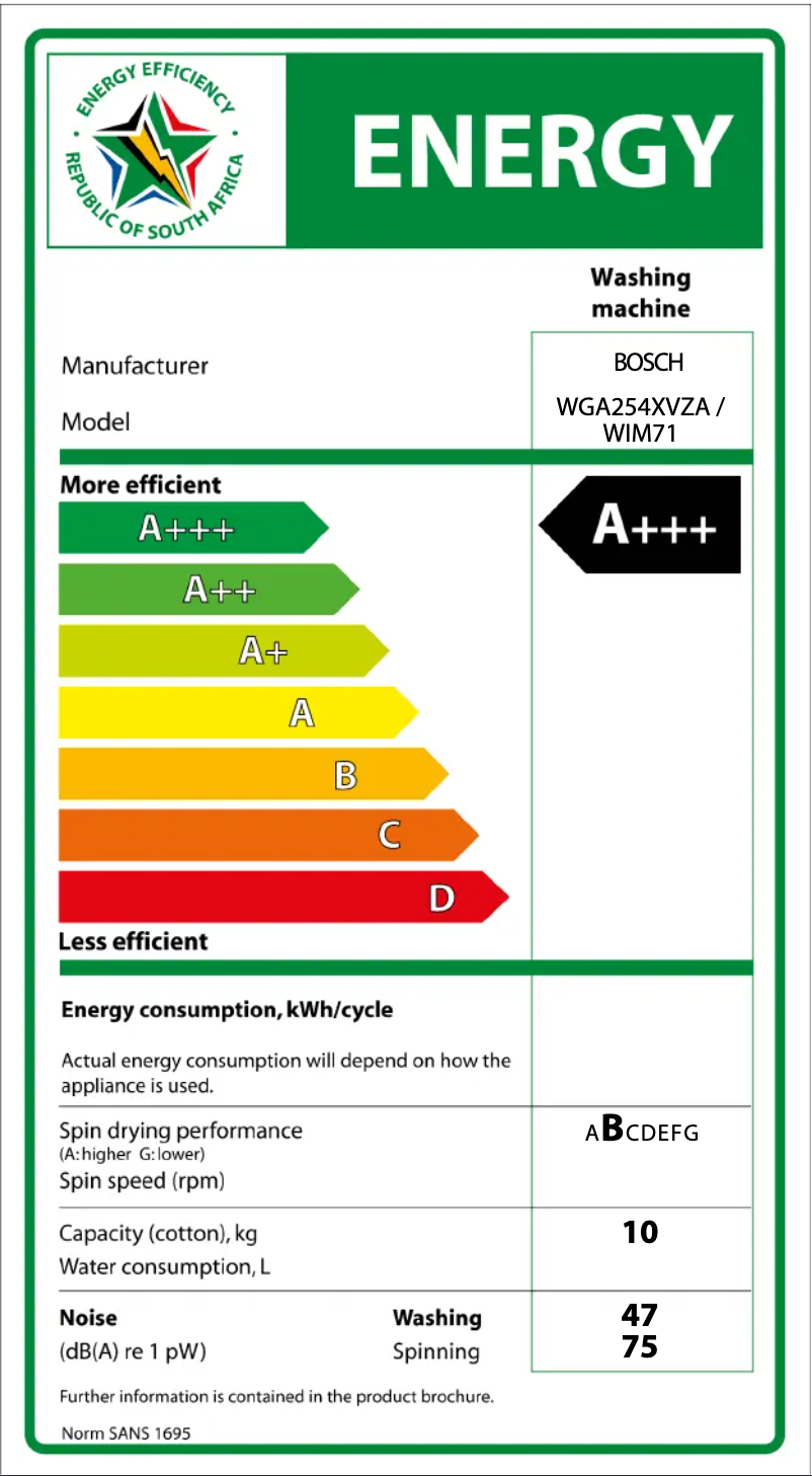 Page 1 of the manual Energy Label Bosch WGA254XVZA