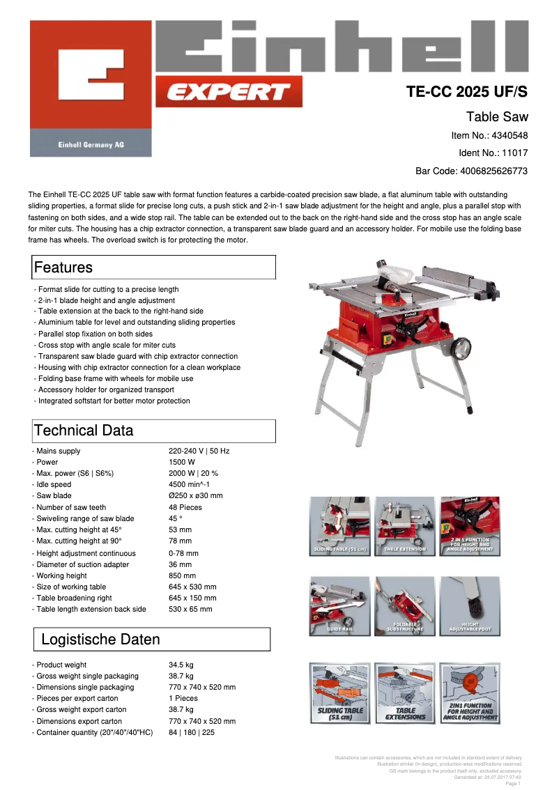 Página 1 del manual Ficha técnica Einhell TE-CC 2025 UF/S