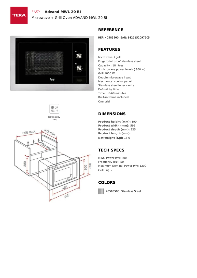 Página 1 del manual Ficha técnica Teka MWL 20 BI