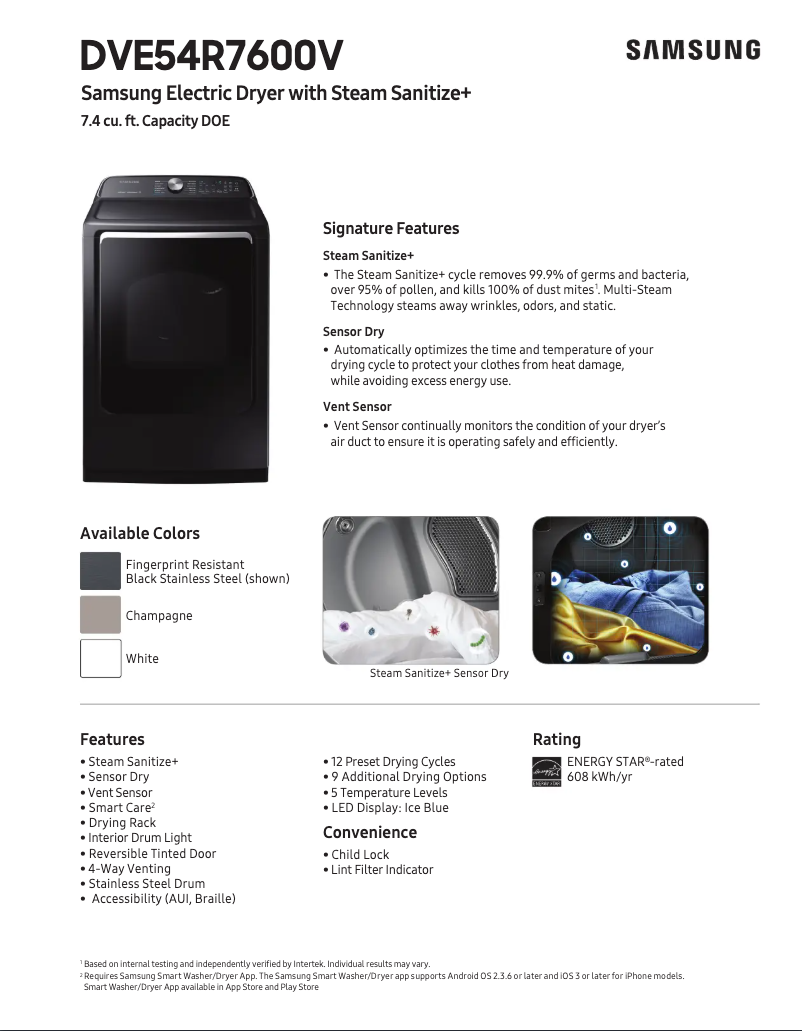 Página 1 del manual Ficha técnica Samsung DVE54R7600C